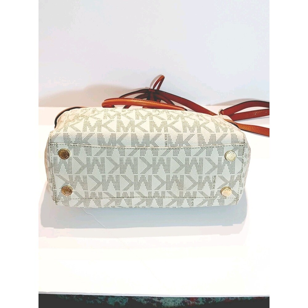 Michael Kors Cream MK Logo Canvas Crossbody with Brown Leather Trim - Picture 5 of 13